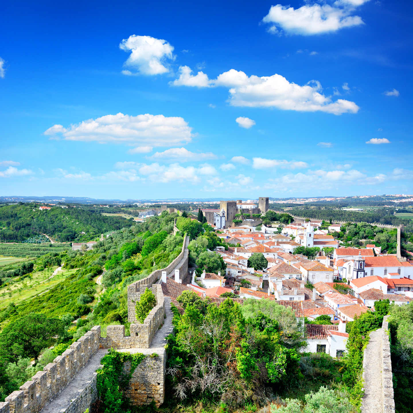 A picturesque town nestled in a lush, green landscape, with a clear blue sky dotted with fluffy white clouds overhead.