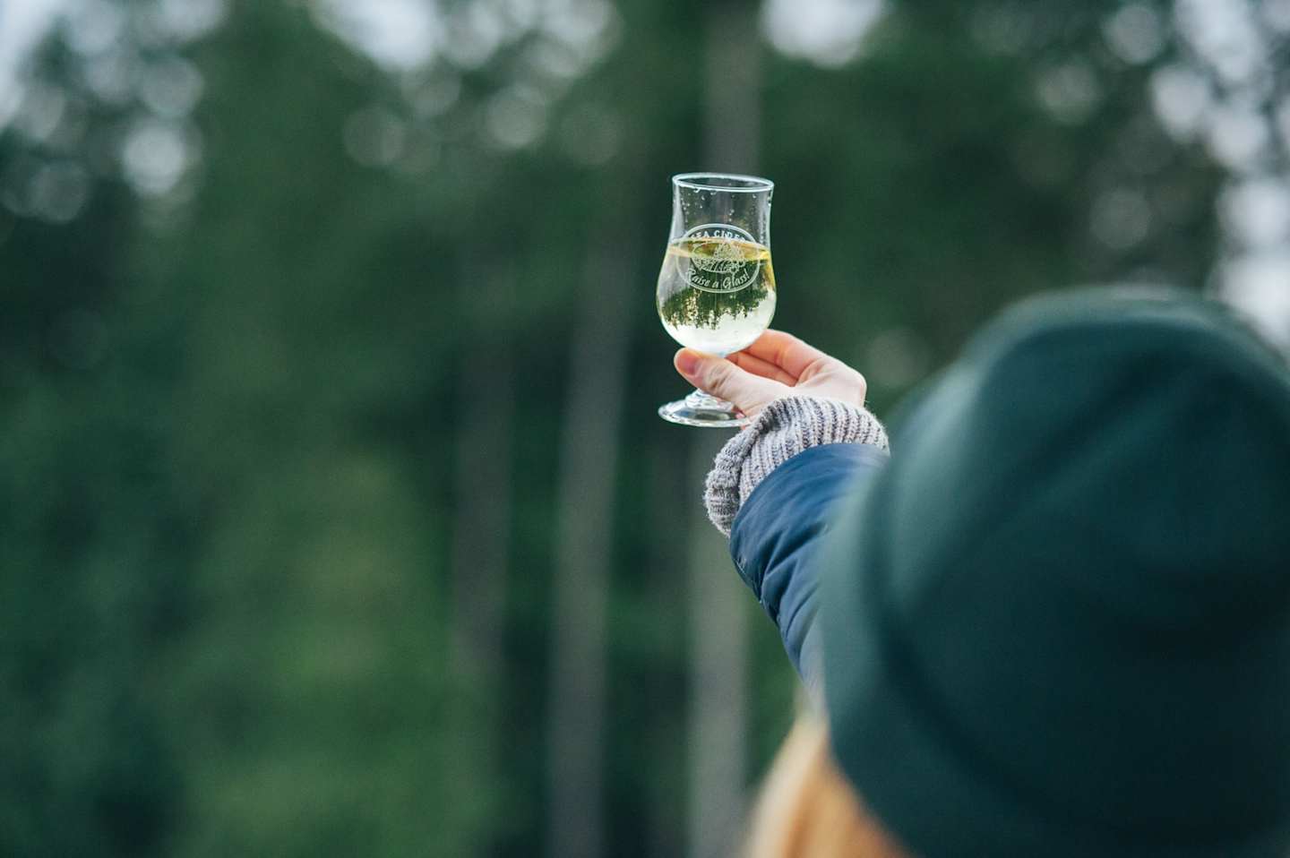 A person's hand holding a glass of white wine against a blurred, lush green background.