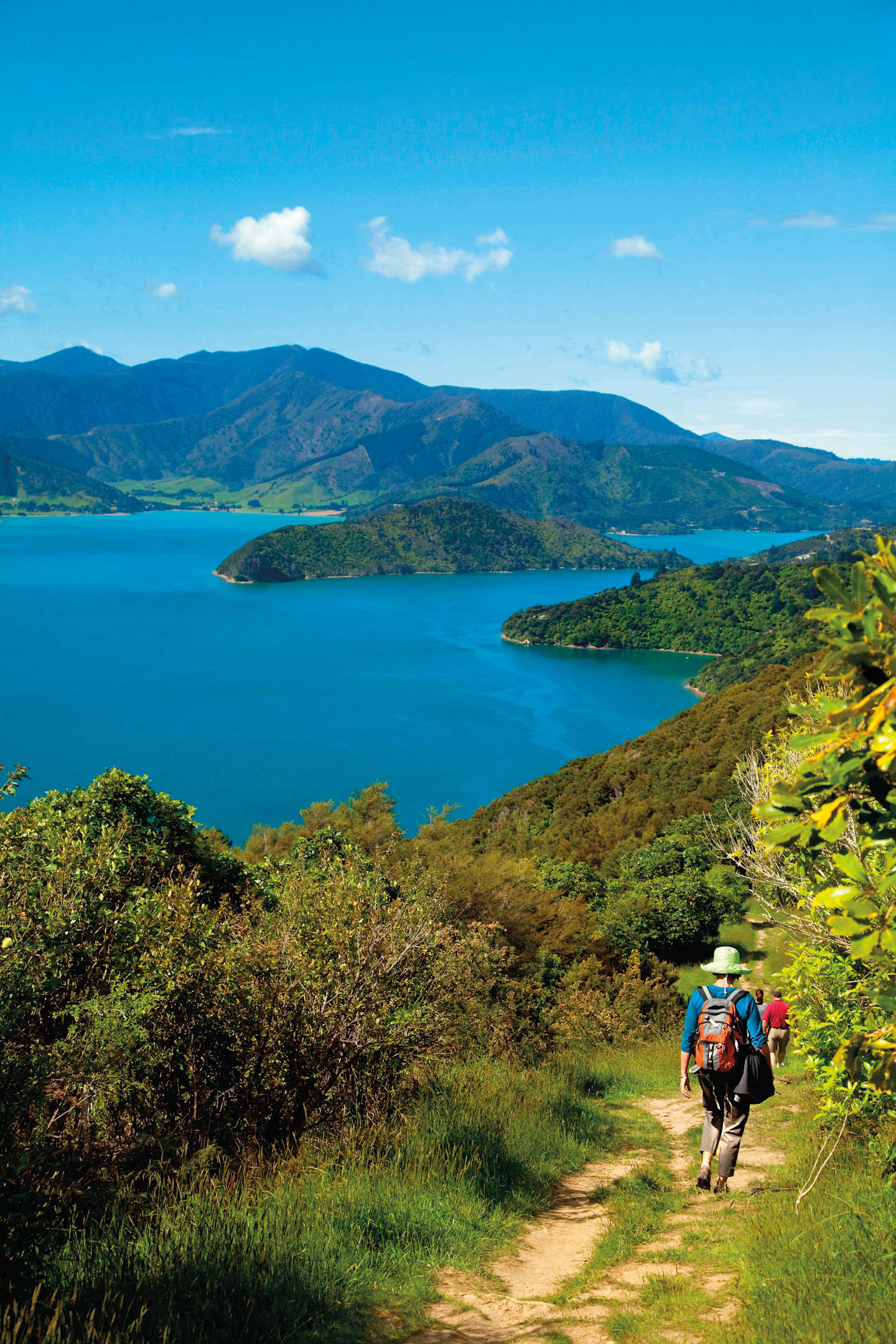 A scenic landscape with a person hiking on a trail in the foreground, surrounded by lush vegetation and overlooking a vast, turquoise body of water with mountains in the distance.