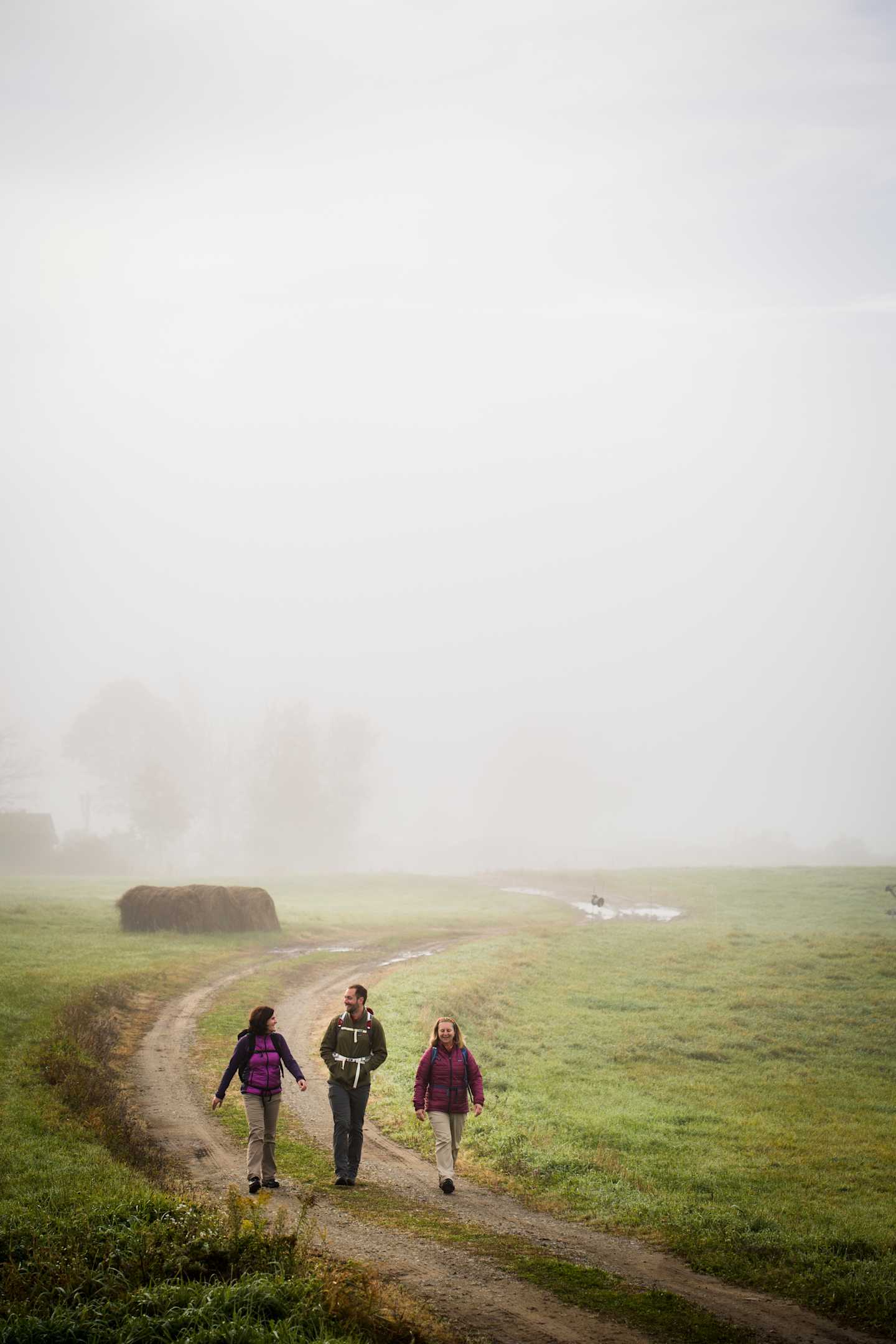 Three people walking on a dirt path through a misty, grassy field with a few bales of hay in the background.