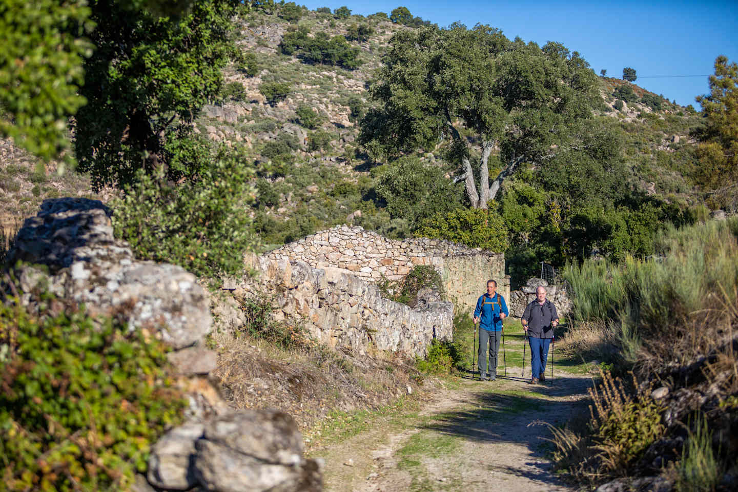 Two people are walking along a dirt path surrounded by lush vegetation and rocky terrain in the background.