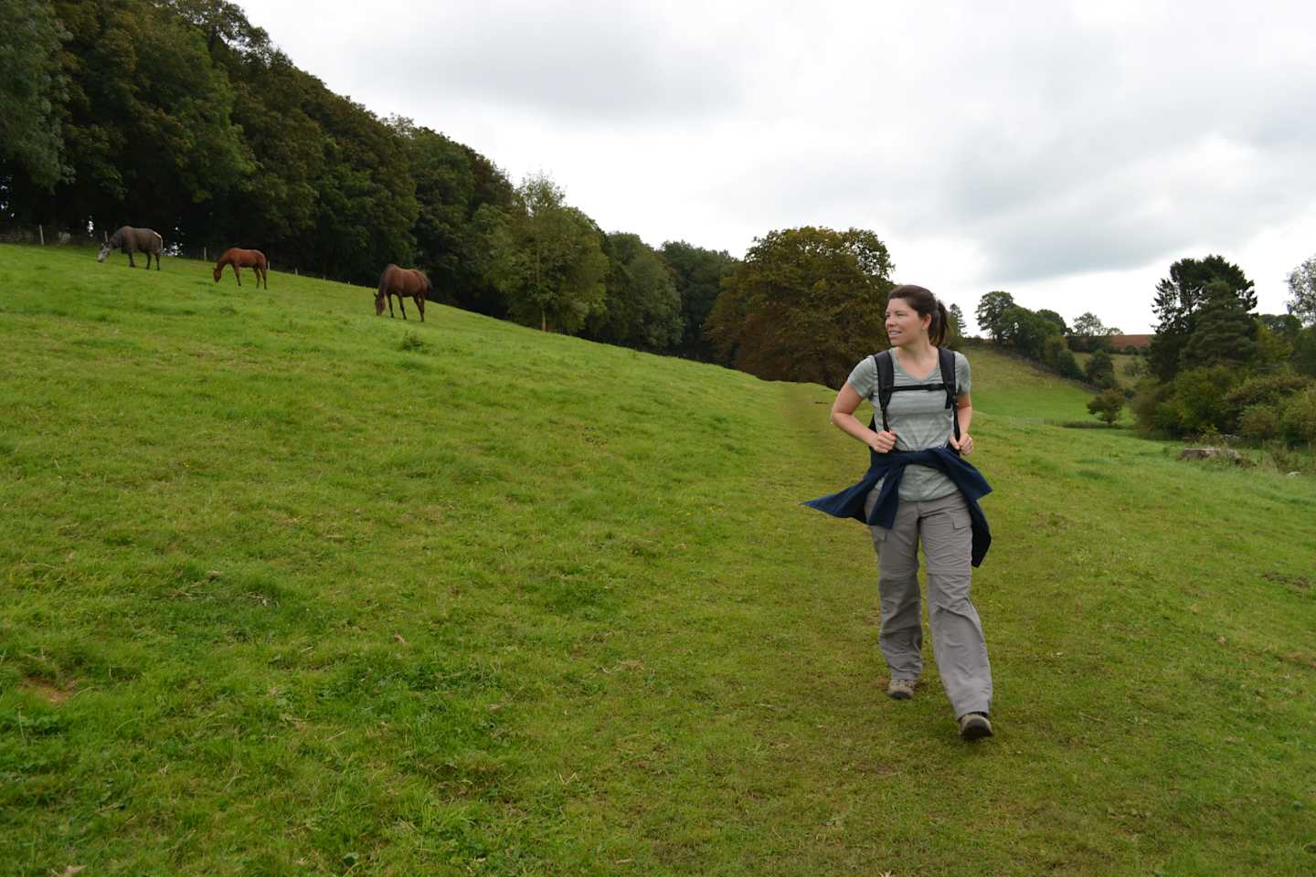 A woman in casual clothing walks along a grassy path in a pastoral setting, with a forested area and grazing horses visible in the background.