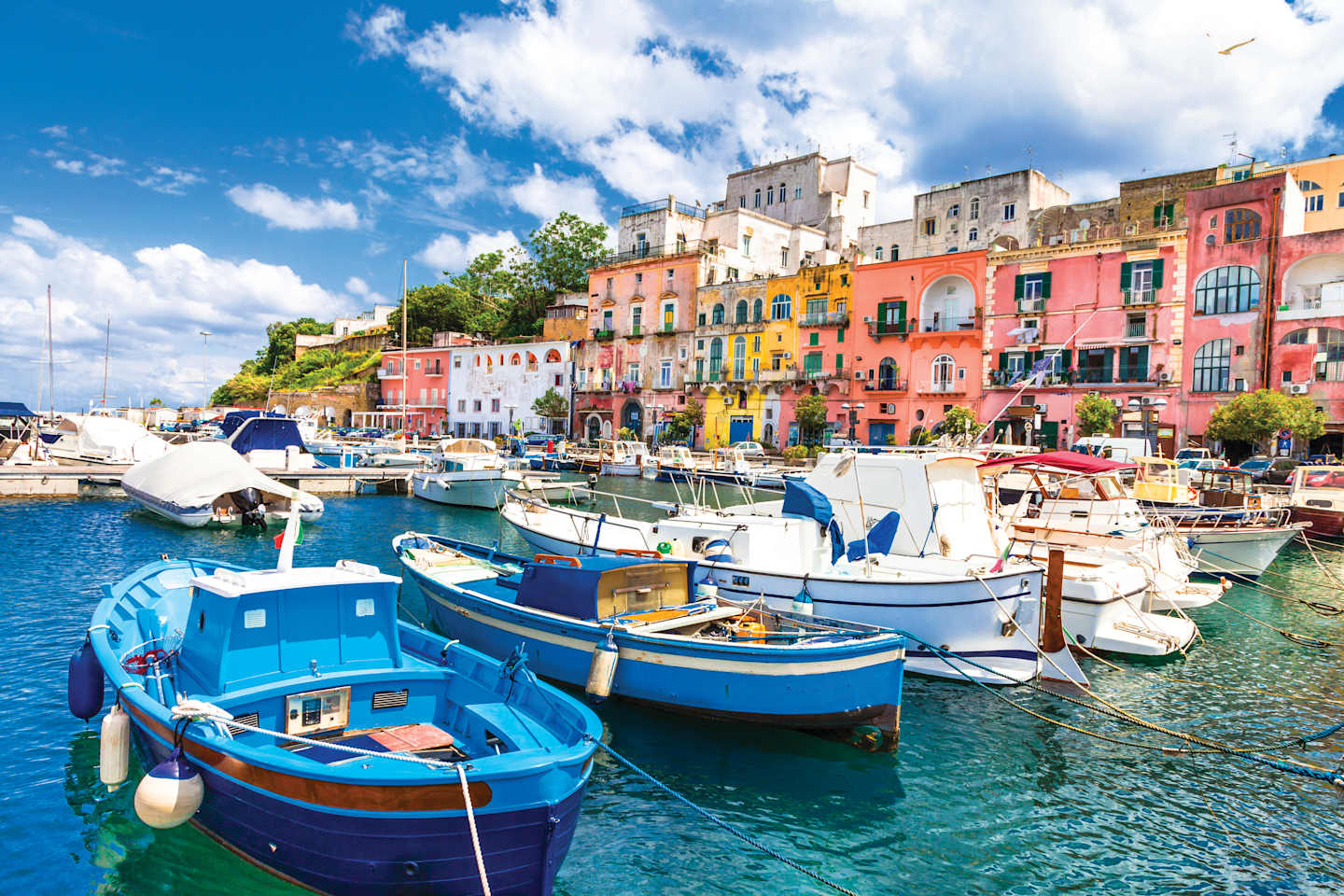 A colorful harbor with traditional fishing boats moored in the clear, turquoise waters, surrounded by vibrant, multi-colored buildings along the shoreline.
