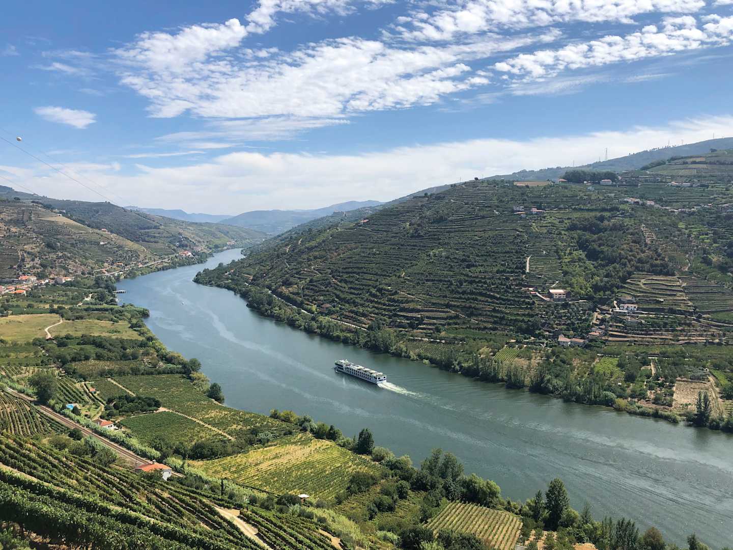 A picturesque river winds through a lush, terraced landscape dotted with vineyards and surrounded by rolling hills under a vast, cloudy sky.