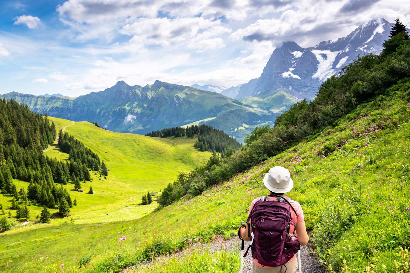 A hiker with a backpack walks along a lush, green mountain trail, surrounded by towering snow-capped peaks and a vibrant, cloudy sky.