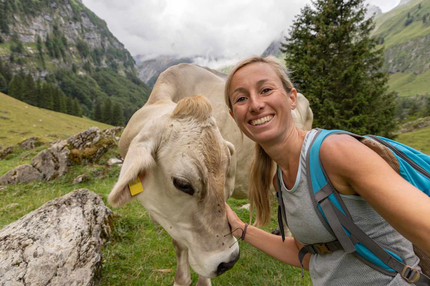 A smiling woman in a blue top stands next to a white cow in a lush, mountainous landscape with pine trees and rocky cliffs in the background.