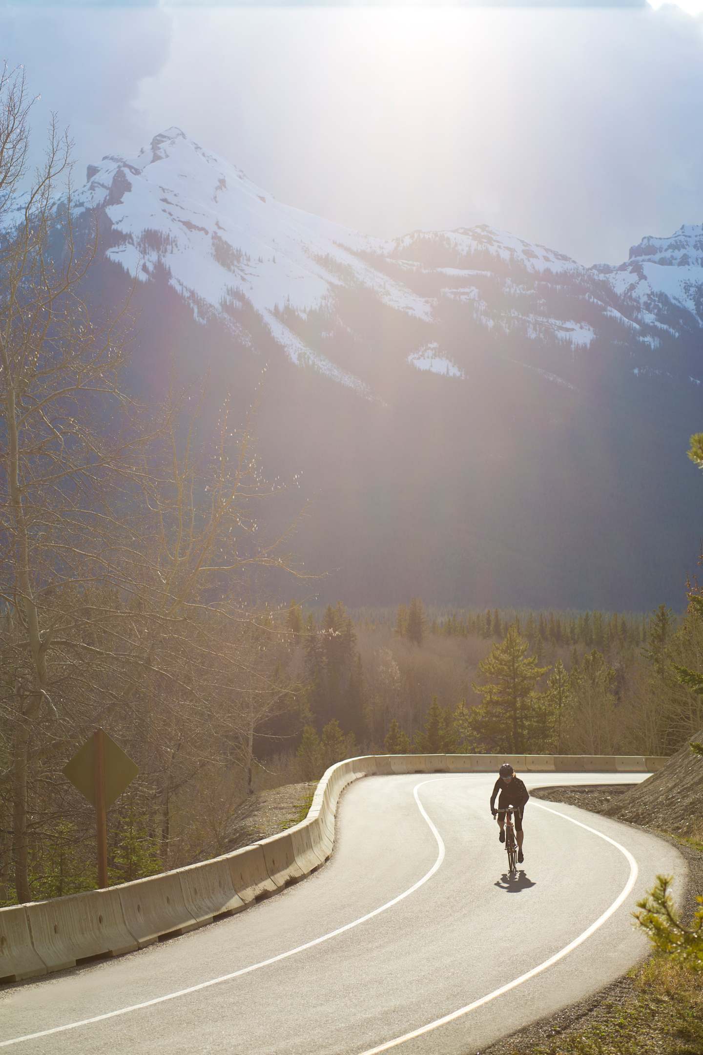 A winding road leads through a mountainous landscape, with a lone cyclist riding along the curve in the foreground, surrounded by snow-capped peaks and lush vegetation in the background.