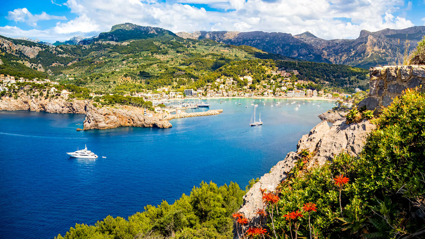 A picturesque coastal town nestled between rugged mountains, with a serene blue bay dotted with boats and yachts, surrounded by lush greenery and vibrant flowers.