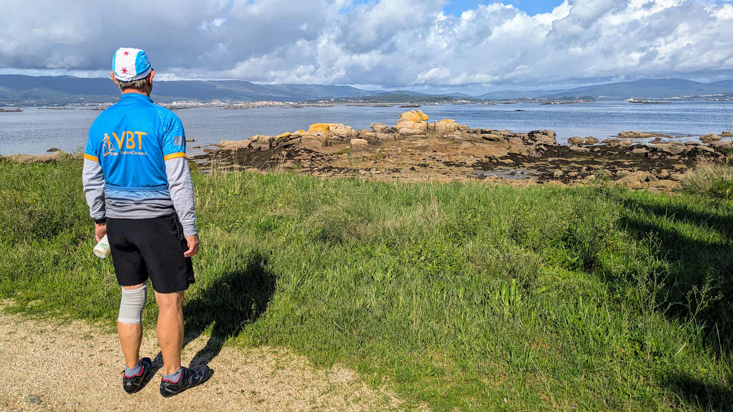 A person wearing a blue shirt and shorts stands in a grassy field overlooking a rocky coastline with mountains in the distance under a cloudy sky.