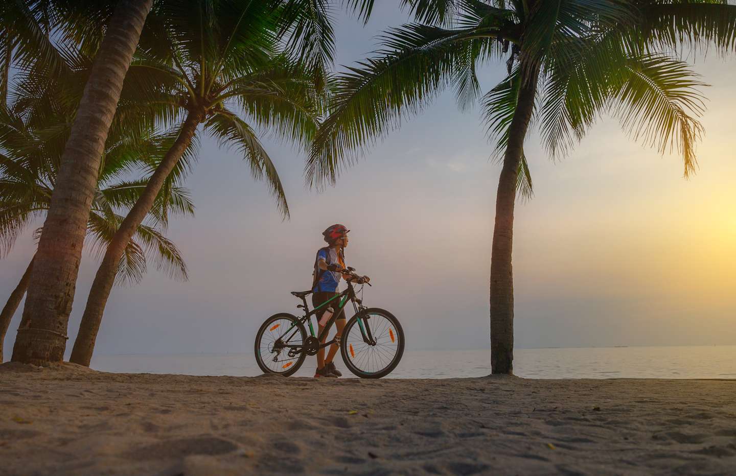 A person on a bicycle stands on a sandy beach surrounded by palm trees, with a serene sunset in the background.