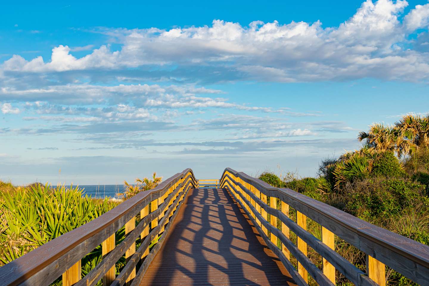 A wooden walkway leads through a lush, green landscape towards the distant ocean, with a vibrant blue sky dotted with fluffy white clouds overhead.