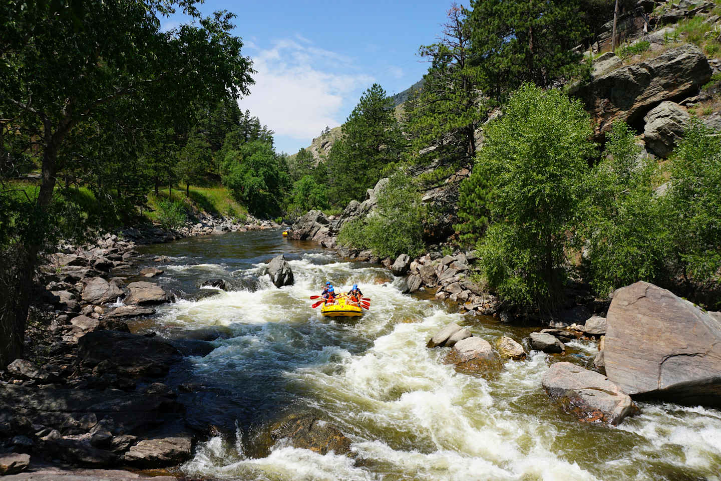A whitewater raft navigates through a turbulent river surrounded by lush green trees and towering rocky cliffs in a scenic mountain landscape.