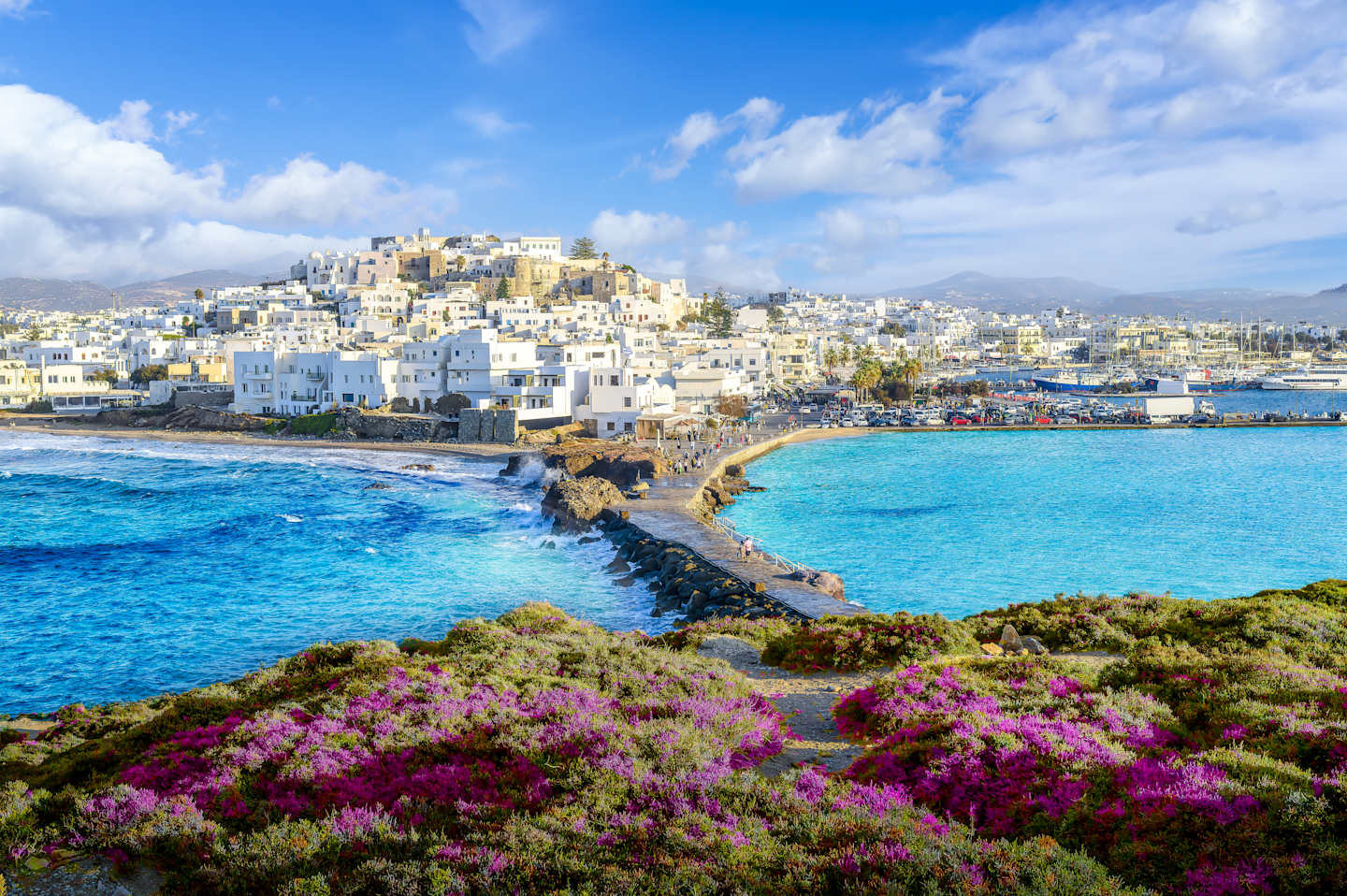 A picturesque coastal town with white buildings nestled among vibrant purple flowers in the foreground, overlooking a stunning turquoise sea under a bright blue sky with fluffy clouds.