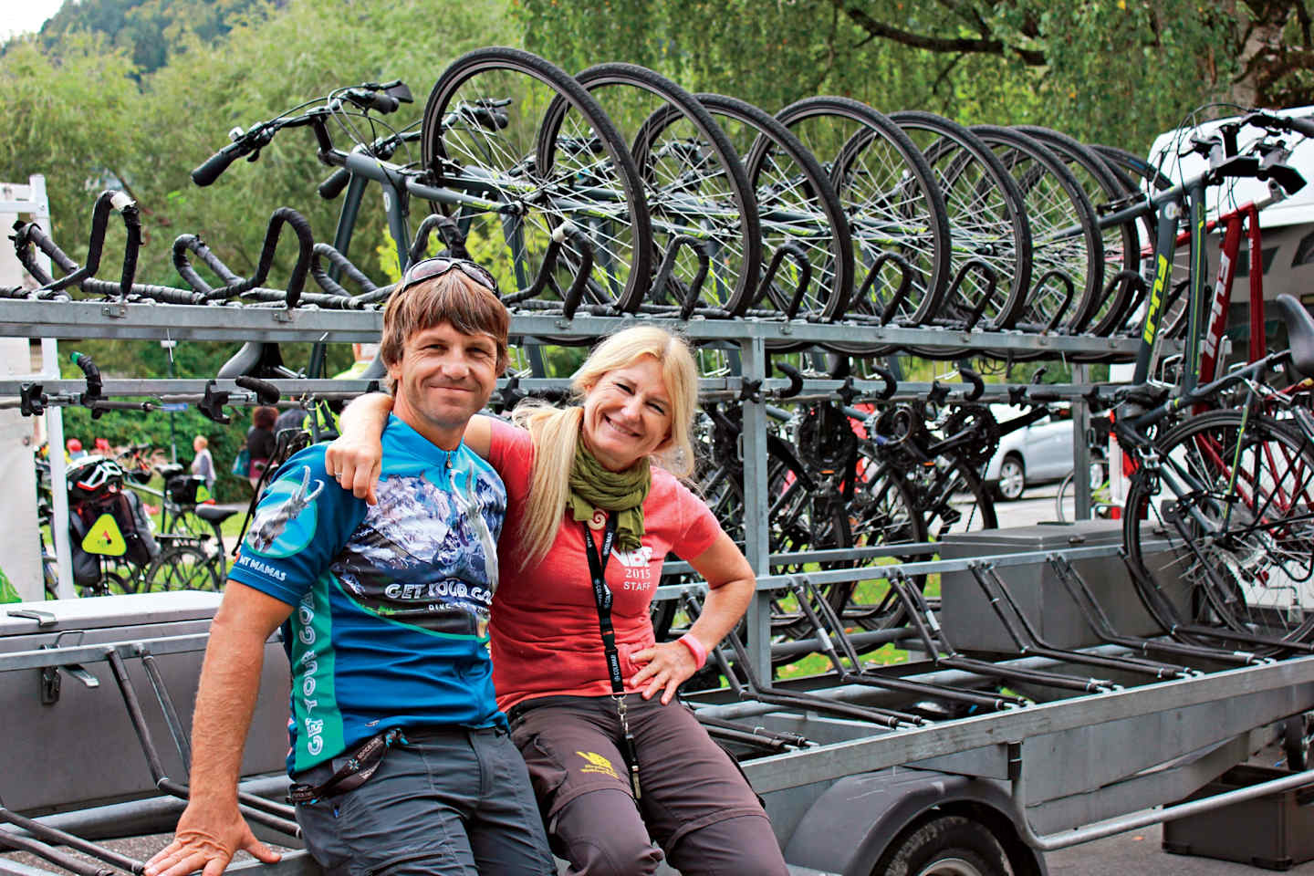 Leaders with bikes taking a break on tour through Slovenia, Austria and Italy