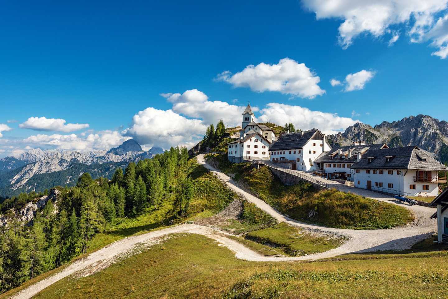 Breathtaking view of a village through the Alpine Valleys of Slovenia