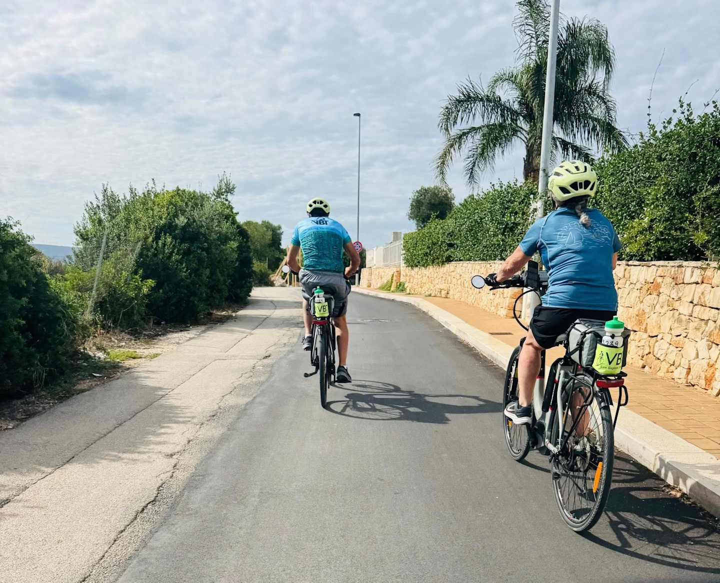 Two cyclists riding on a paved path surrounded by lush greenery and palm trees in the background.