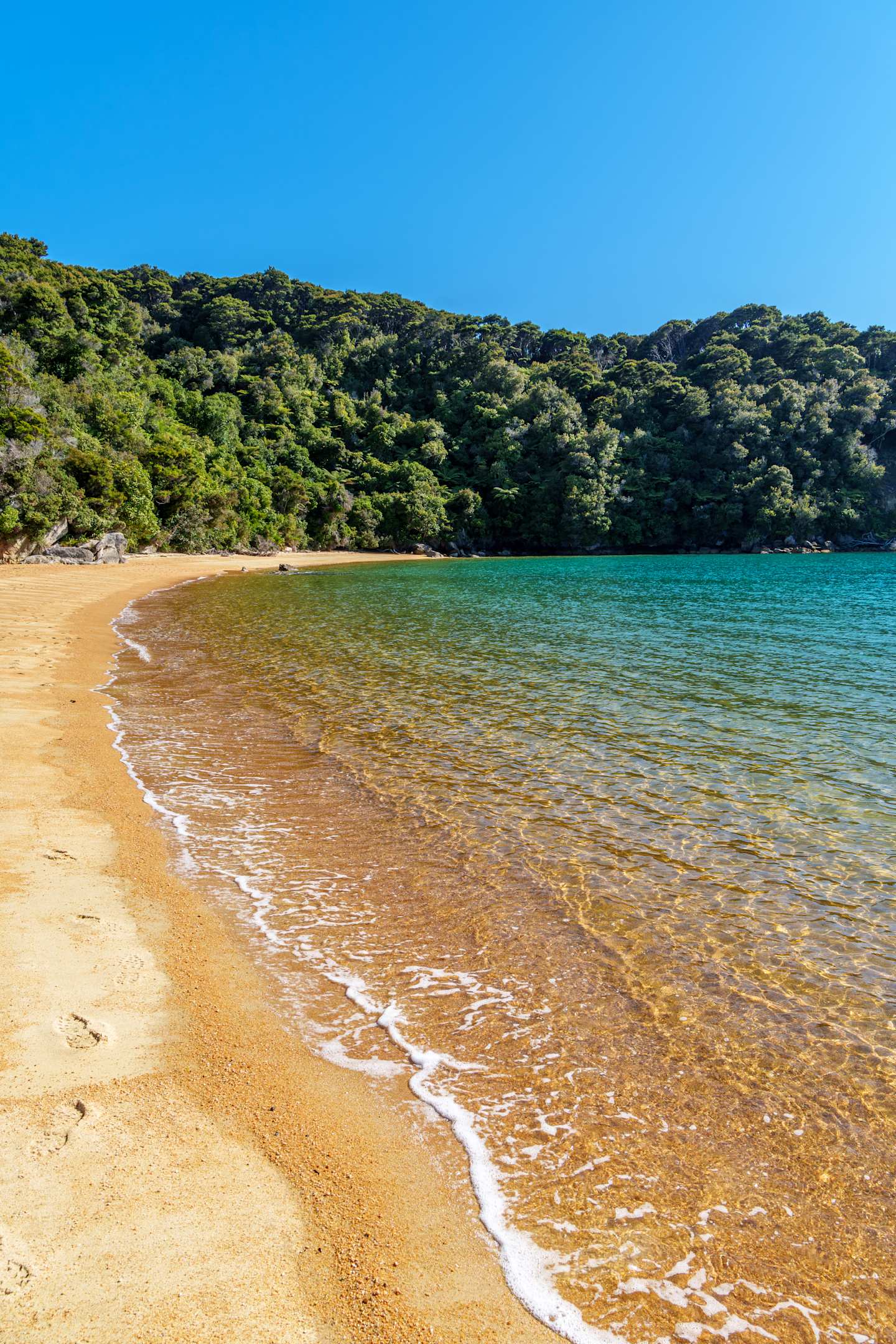 A serene beach with golden sand and clear, turquoise waters, surrounded by lush, verdant hills in the background under a bright, blue sky.