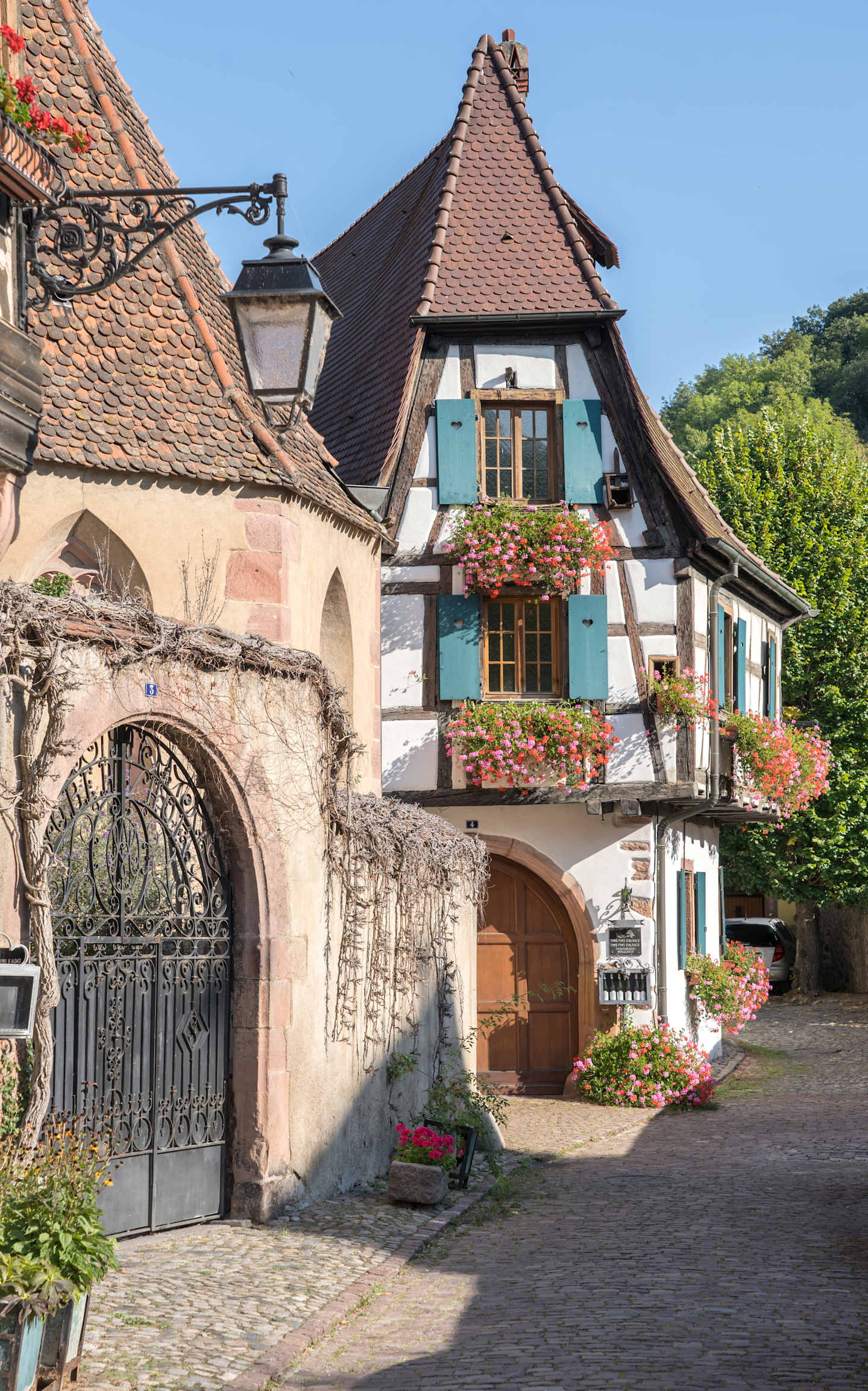 A charming, historic European village street lined with colorful, half-timbered houses, ornate gates, and lush greenery.