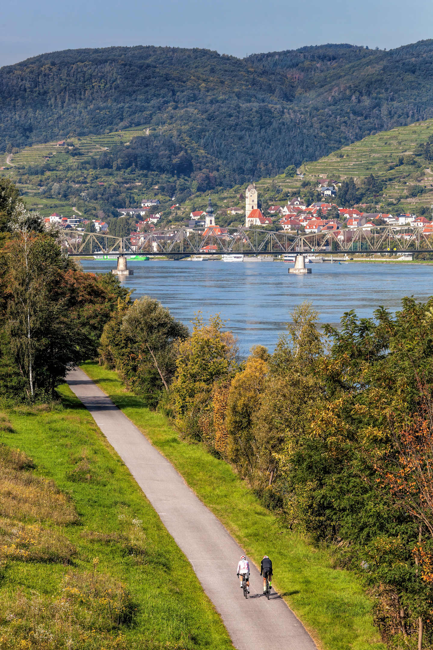 A scenic landscape with a winding path in the foreground, surrounded by lush greenery and a picturesque town nestled along the shores of a tranquil body of water, with mountains rising in the background.
