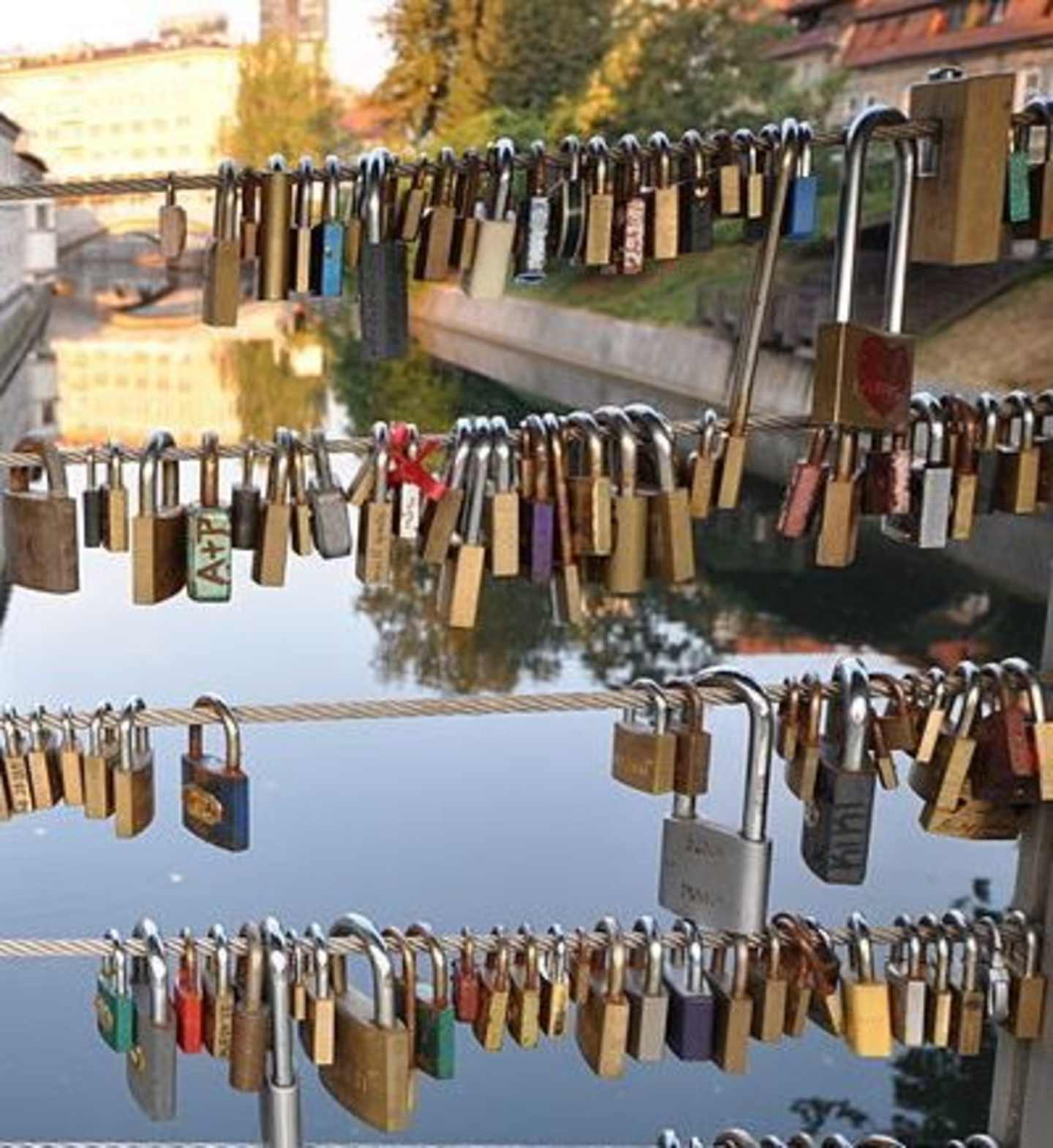 The image depicts a reflection of numerous padlocks hanging on a railing, with a body of water and buildings visible in the background.