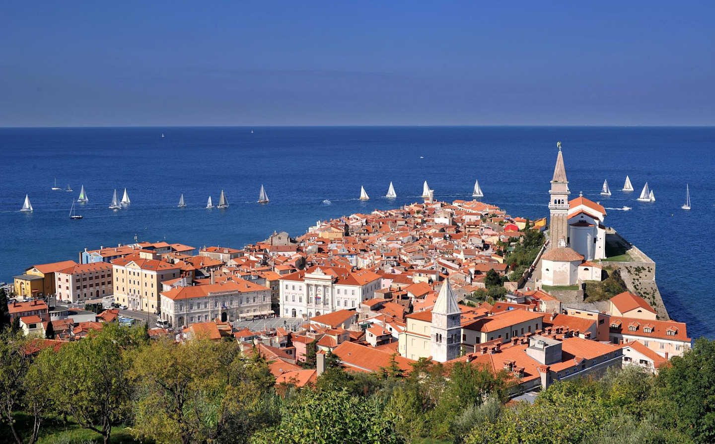 A picturesque coastal town with vibrant red-tiled roofs, church spires, and a harbor filled with sailboats against a backdrop of a serene blue sea and sky.