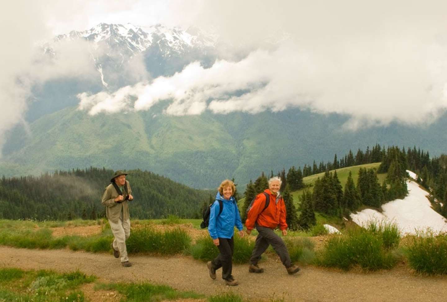 Three people are hiking on a trail in a mountainous, forested landscape with snow-capped peaks in the background.
