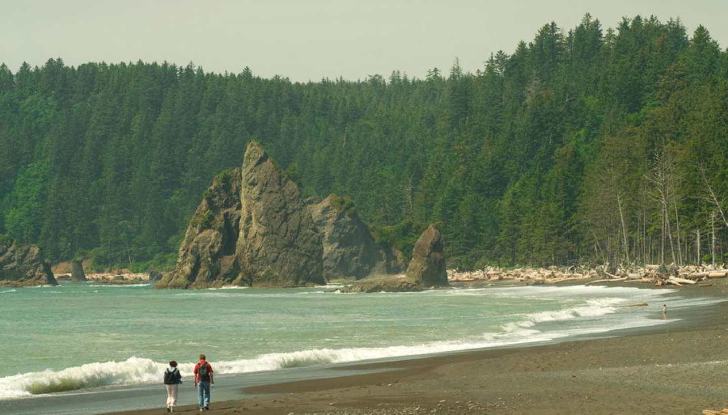 A rugged, rocky coastline with towering cliffs and a dense forest backdrop, with two people walking along the sandy beach in the foreground.