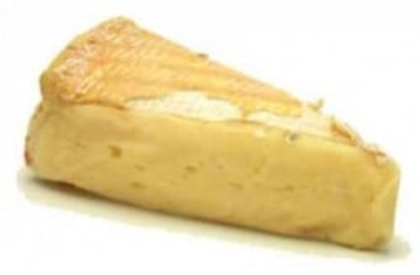 A wedge-shaped piece of yellow cheese with visible holes or air pockets throughout the surface.