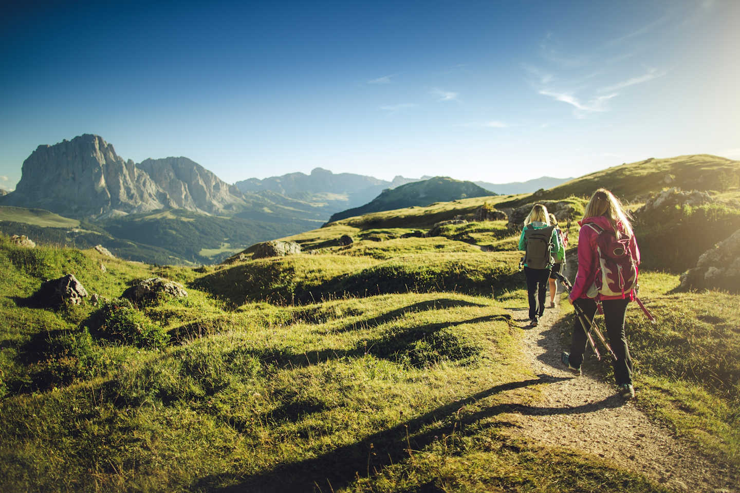 Two hikers are walking on a trail through a lush, mountainous landscape with towering peaks in the background under a bright, blue sky.