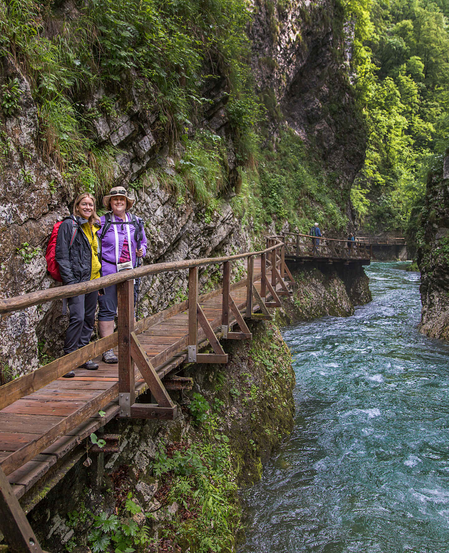 A wooden walkway winds along a rocky, moss-covered cliff face, with a rushing river flowing below, surrounded by lush, verdant foliage.