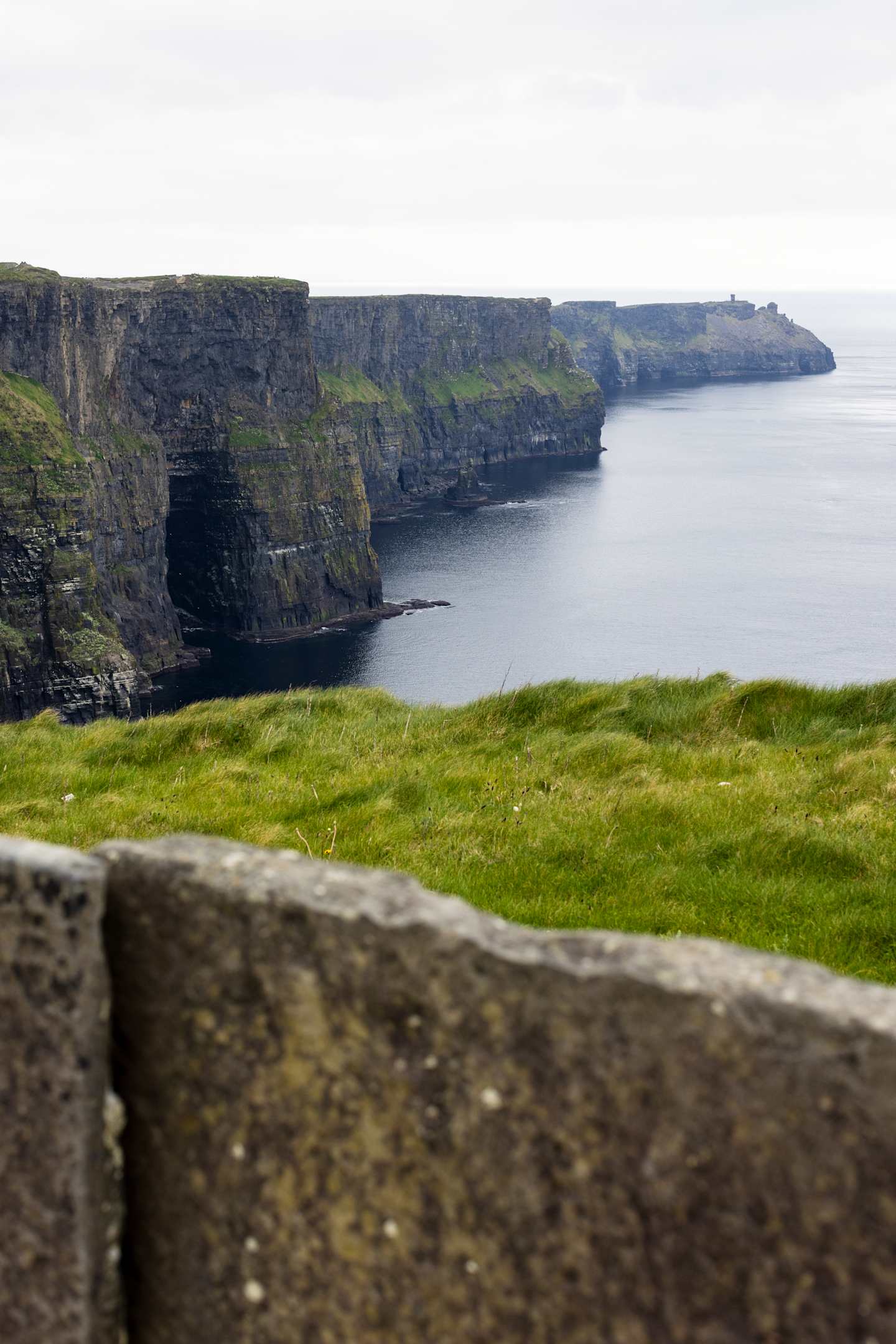 Rugged cliffs overlooking a serene body of water, with lush green grass in the foreground.