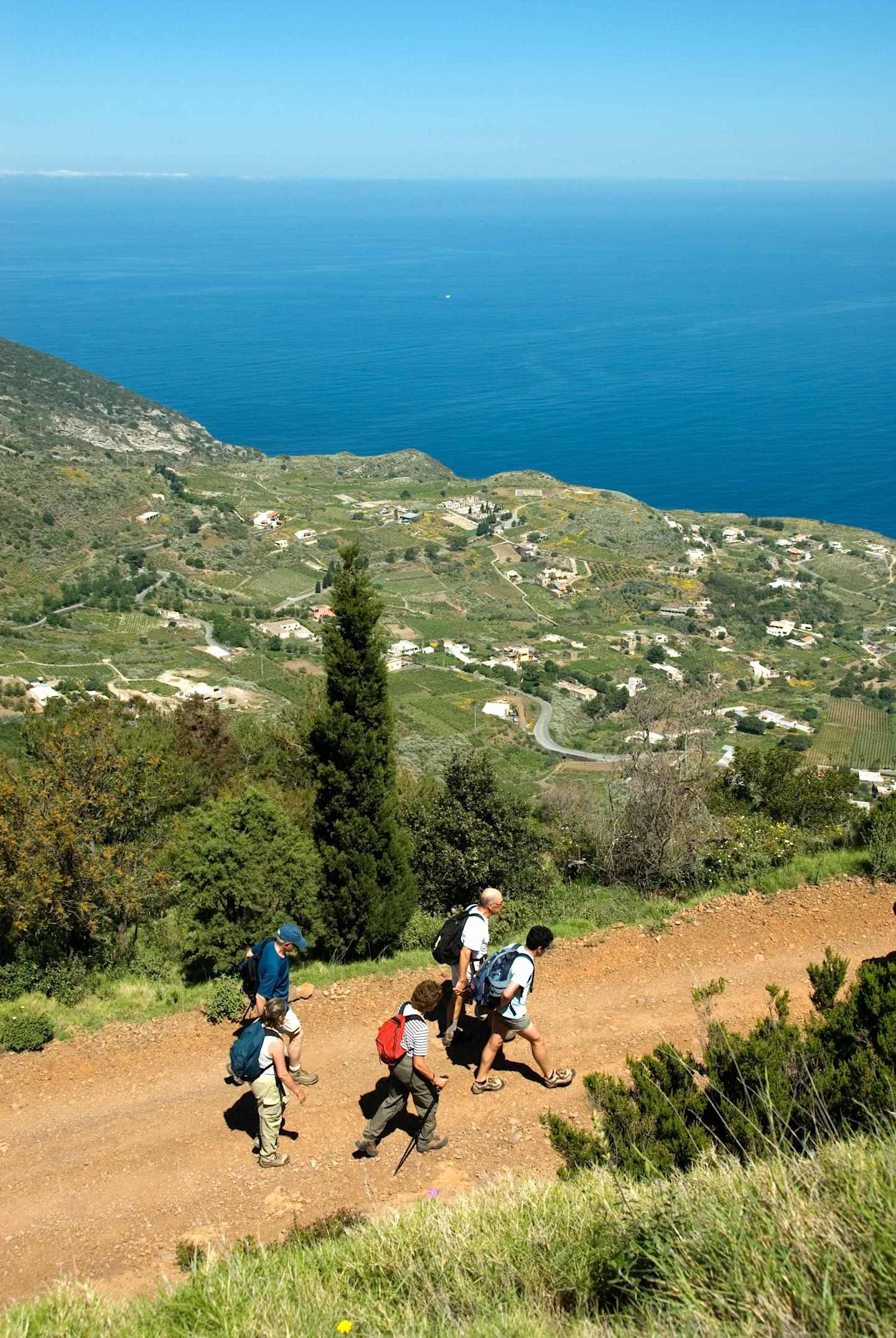 A group of hikers traversing a dirt path through a lush, green landscape with a stunning view of the vast, blue ocean in the background.
