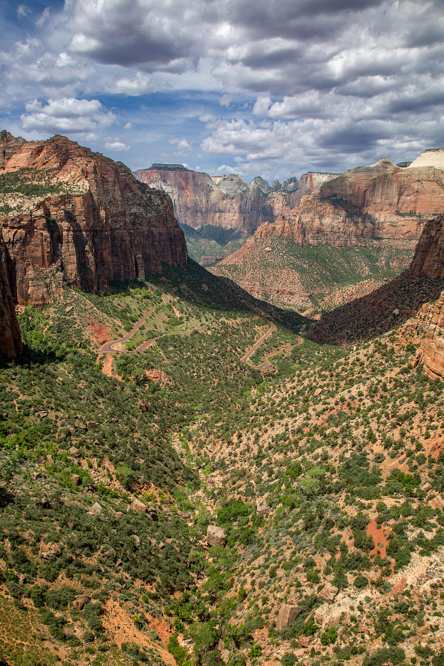 A vast, rugged desert landscape with towering red rock formations, lush green vegetation, and a dramatic cloudy sky in the background.