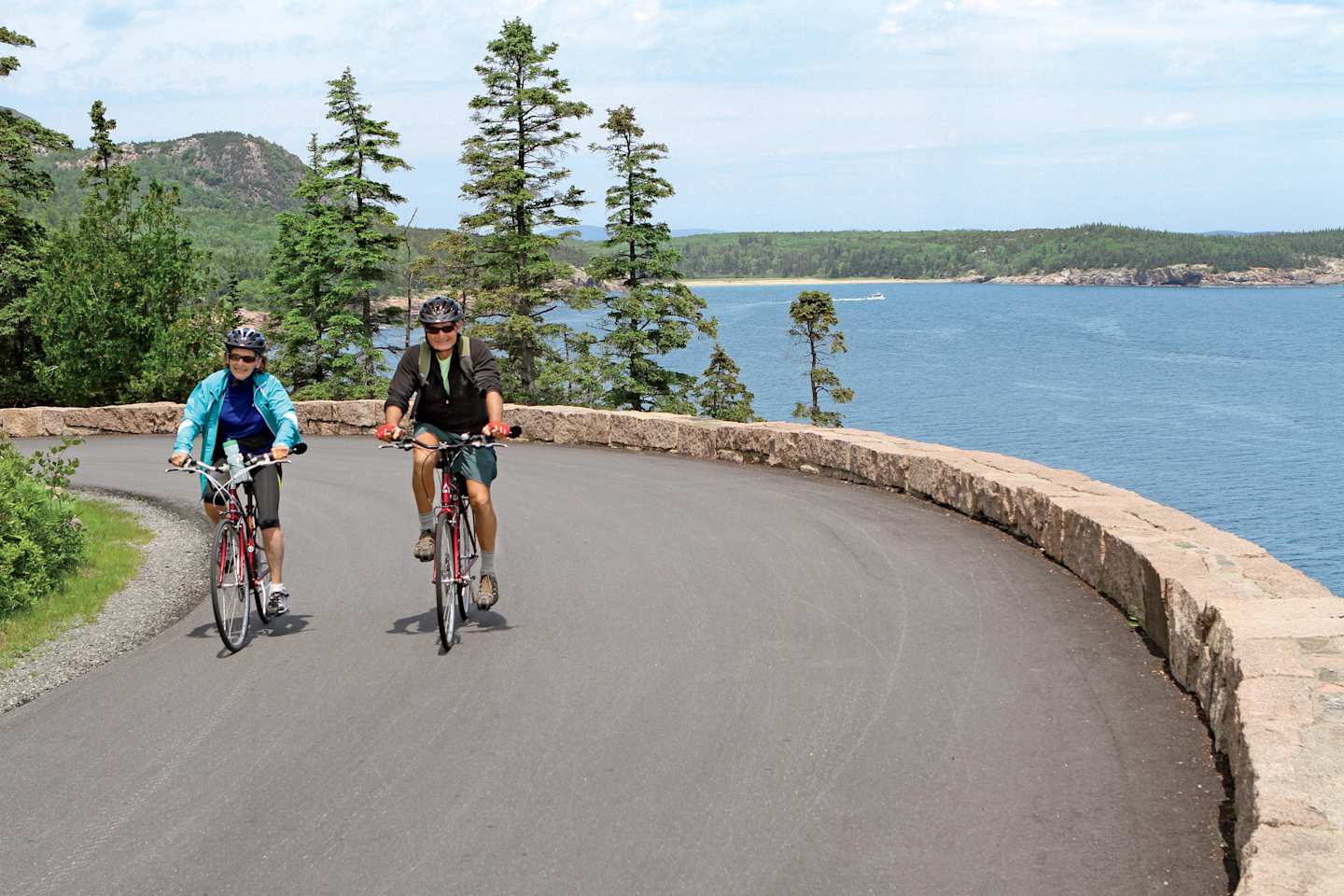Two cyclists riding on a paved path along the coastline, surrounded by lush greenery and a scenic lake or ocean in the background.