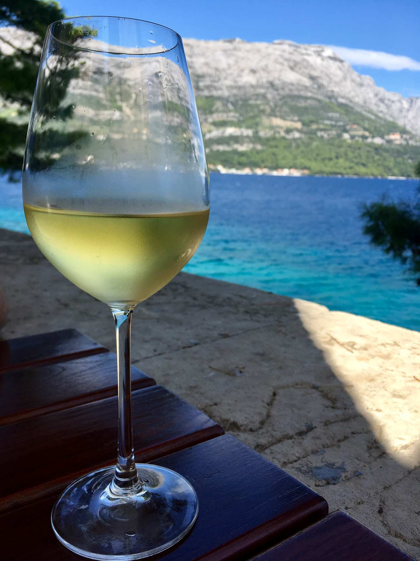 A glass of white wine sits on a wooden table, with a stunning view of a turquoise sea and rocky coastline in the background.