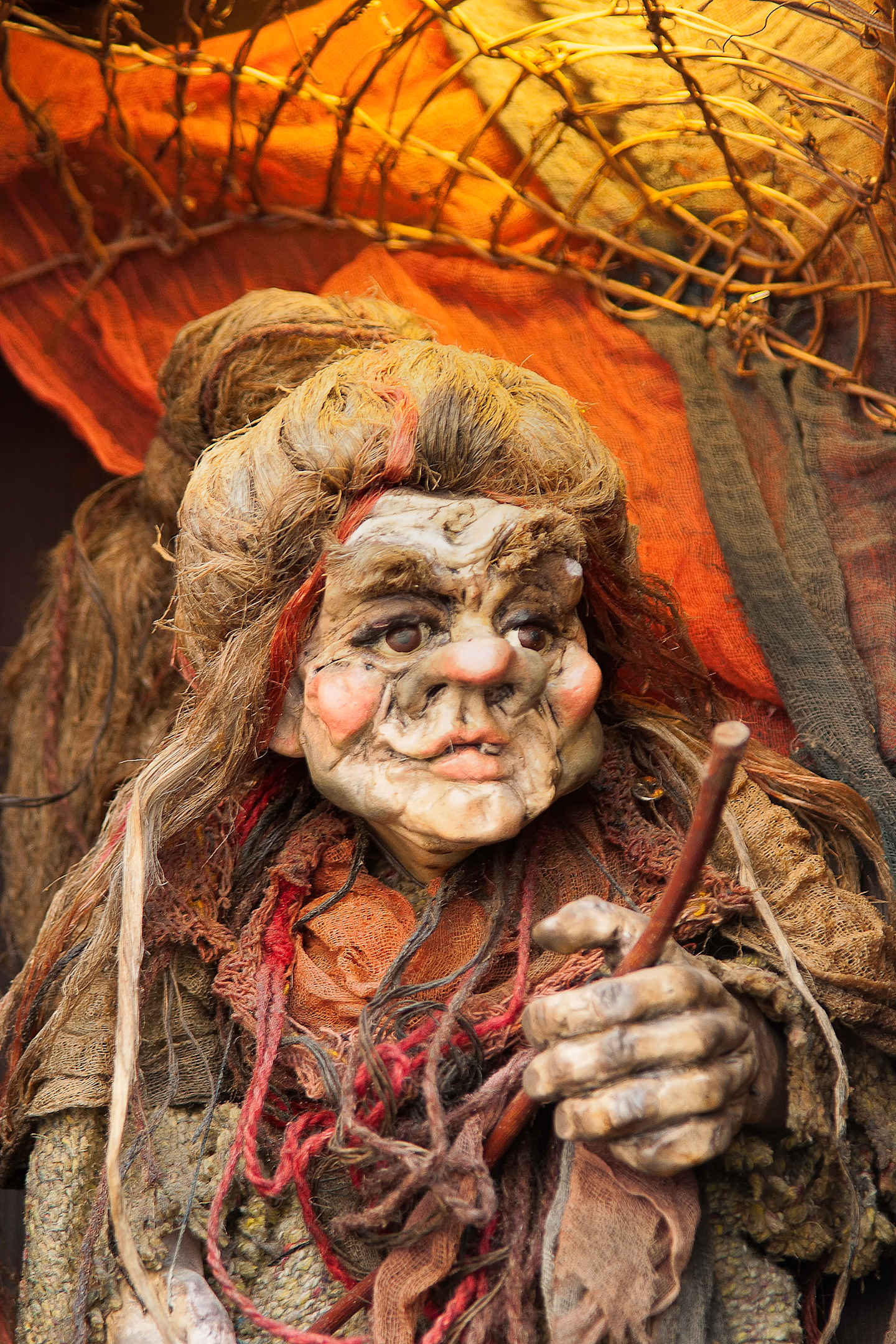 A weathered, wrinkled face of a creature emerges from a tangled web of branches and vines, with a vibrant orange and red background providing a striking contrast.