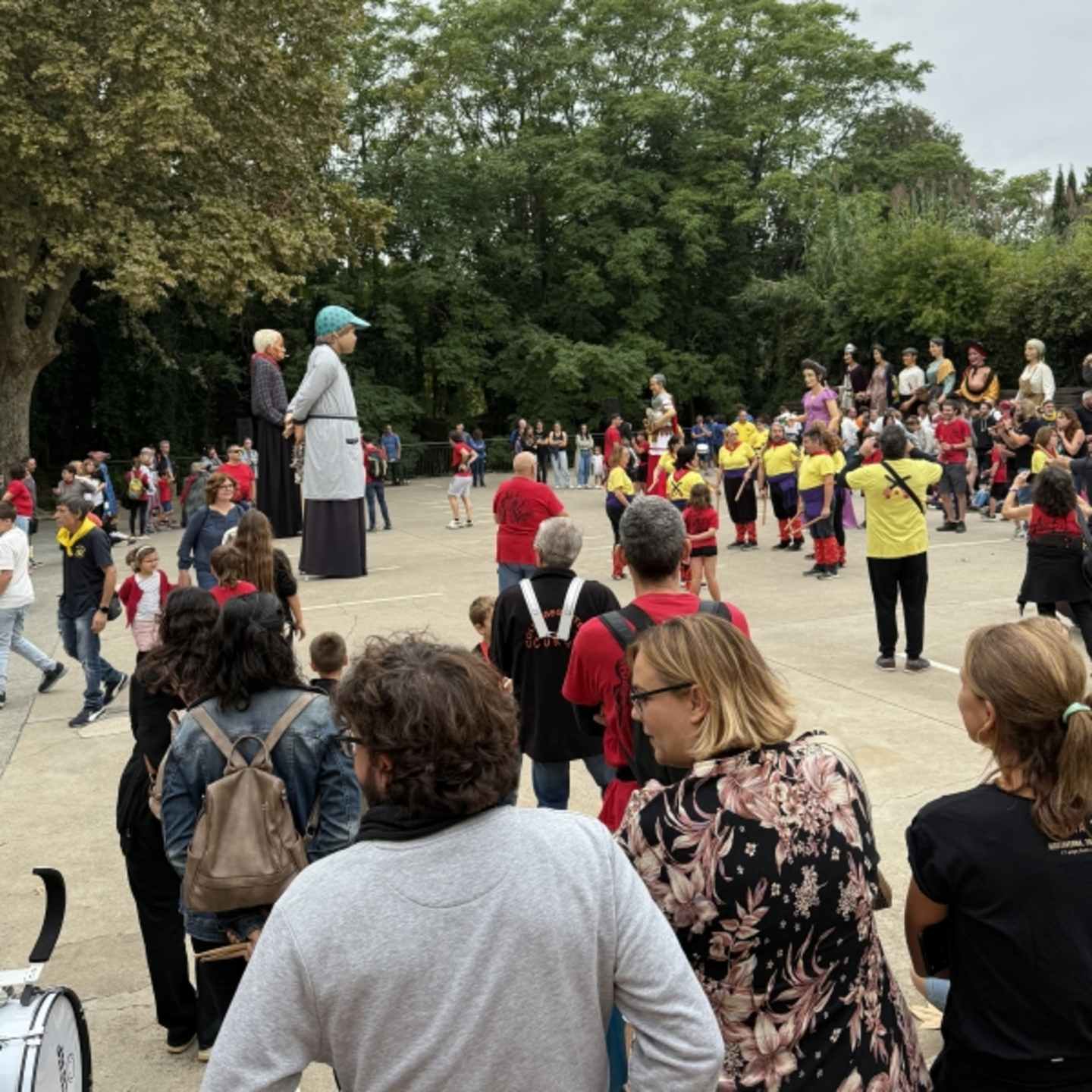 A large crowd of people, mostly children, gathered in an outdoor setting surrounded by trees, with a person in traditional clothing standing in the center of the group.