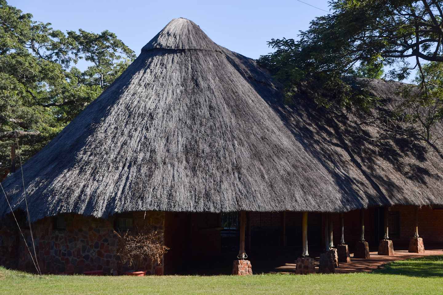 A large thatched-roof structure stands in a grassy area surrounded by lush trees, creating a rustic and natural setting.
