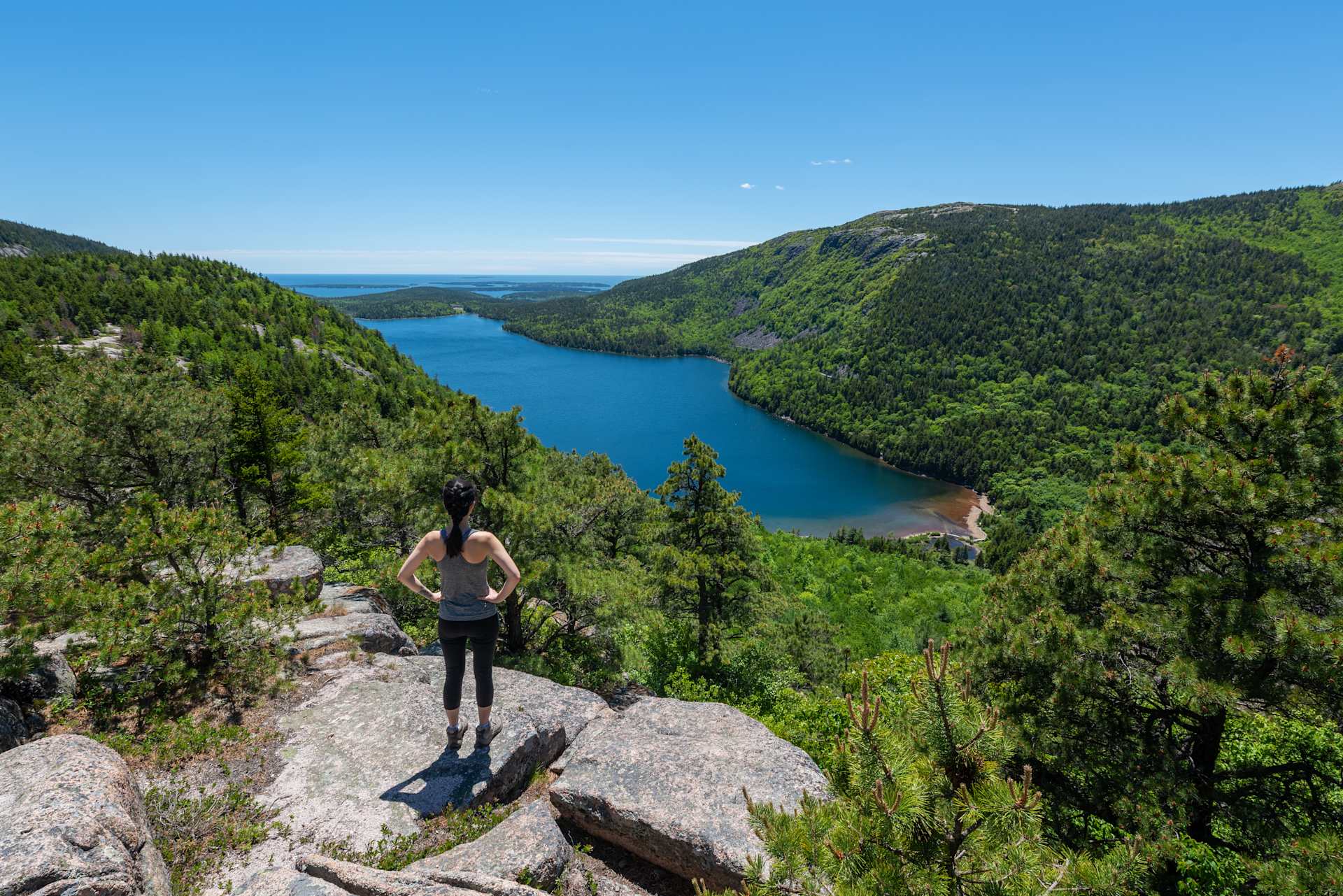 A person stands on a rocky outcrop overlooking a lush, forested landscape with a serene blue lake in the distance, surrounded by mountains under a clear blue sky.
