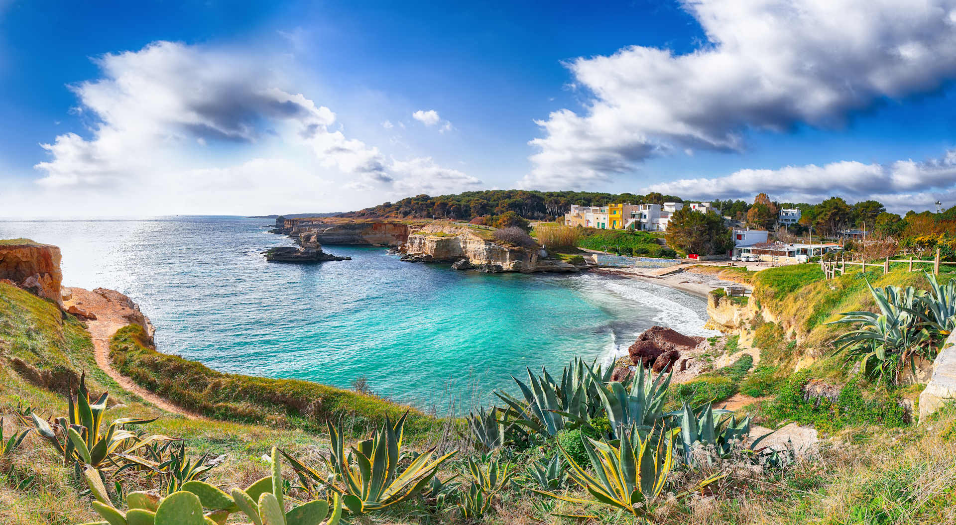 Beach Torre Sant'Andrea and islet Scoglio the Tafaluro, Otranto region, Salento Adriatic sea coast, Puglia, Italy