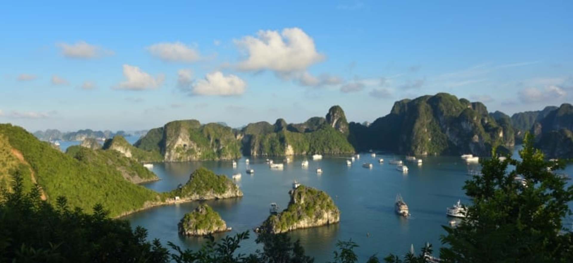 A breathtaking landscape with towering limestone cliffs rising from a serene, azure bay dotted with numerous boats, surrounded by lush, verdant foliage in the foreground.