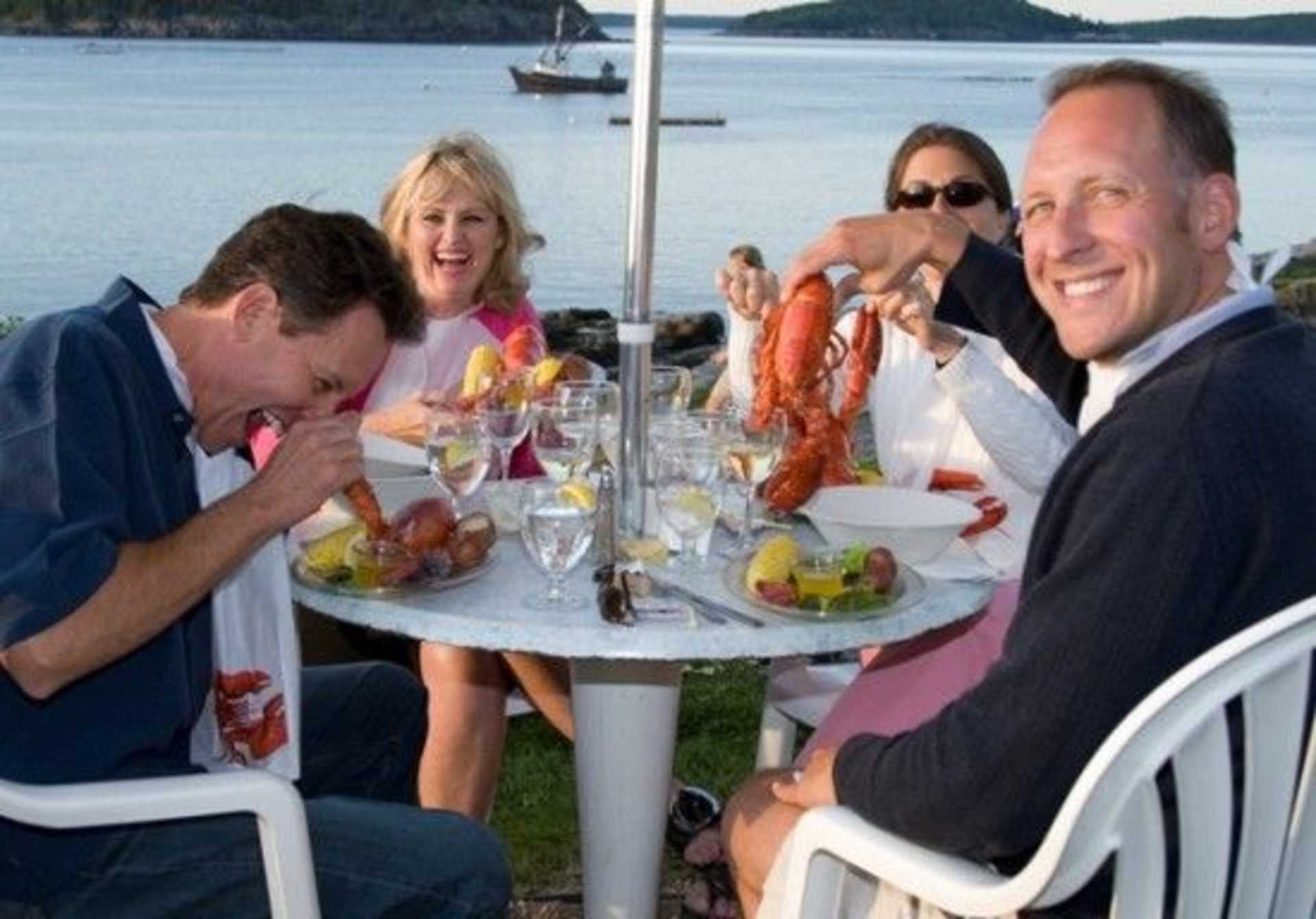 A group of people enjoying a meal outdoors, with a scenic lake and mountains in the background.