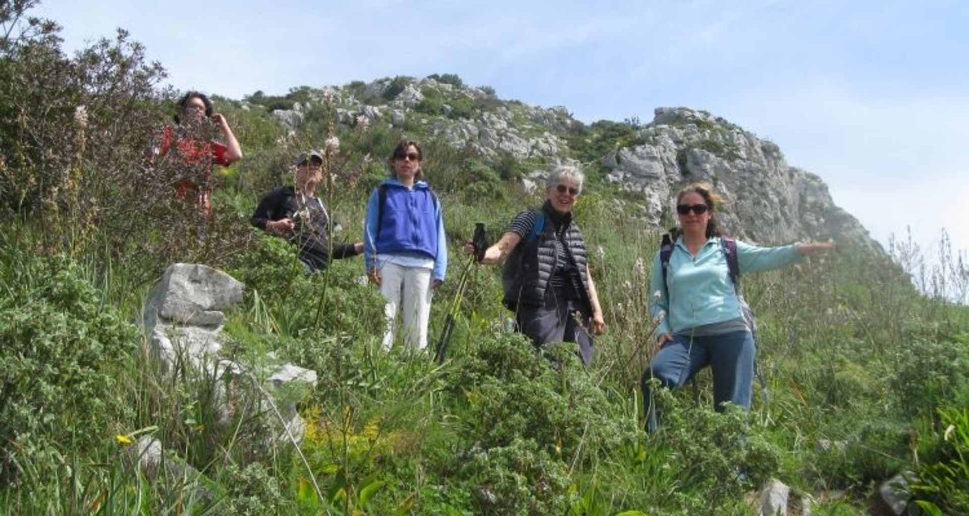 A group of people hiking through a lush, green landscape with rocky cliffs in the background.