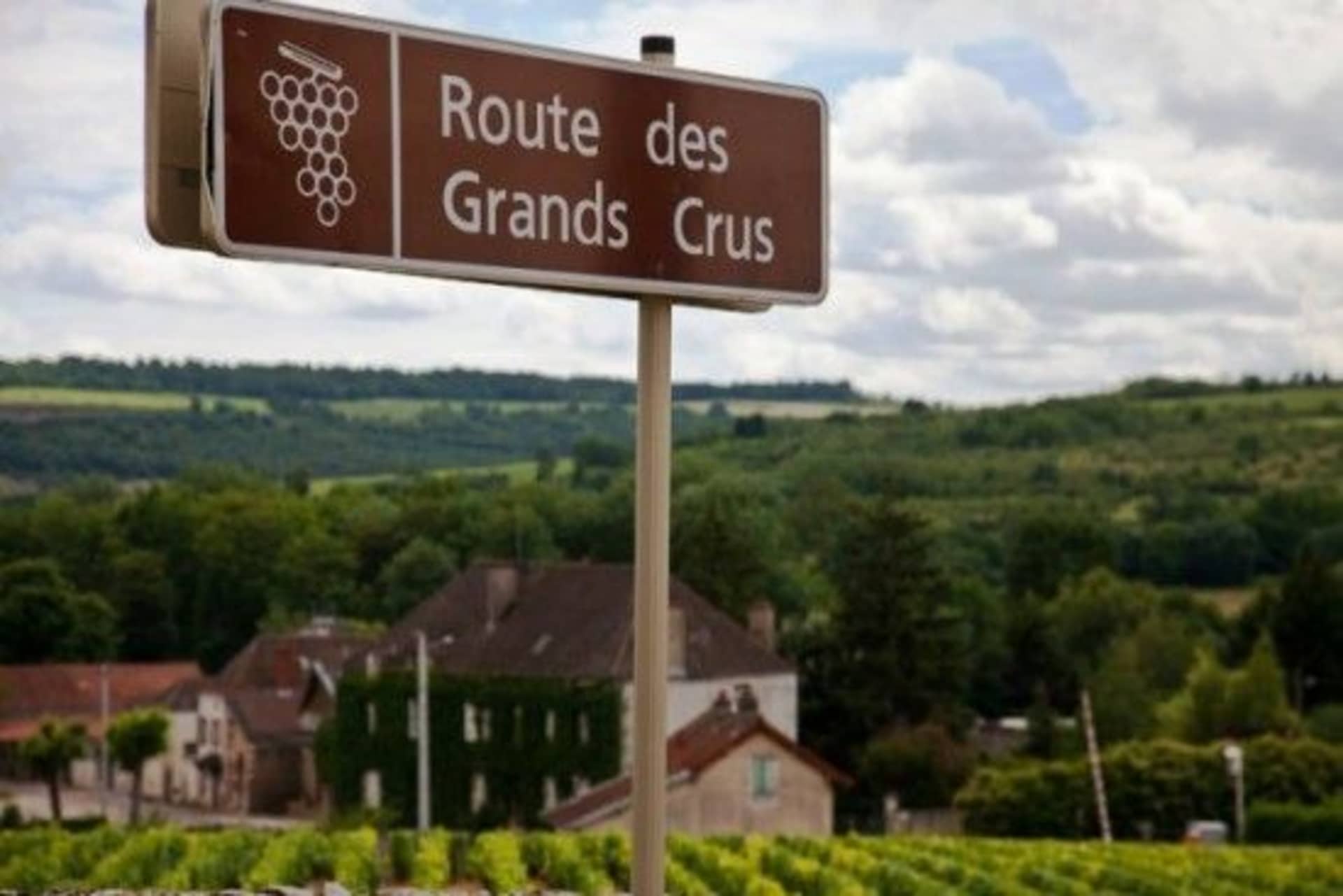 A road sign indicating the "Route des Grands Crus" stands in the foreground, with a picturesque rural landscape of rolling hills, forests, and houses visible in the background.