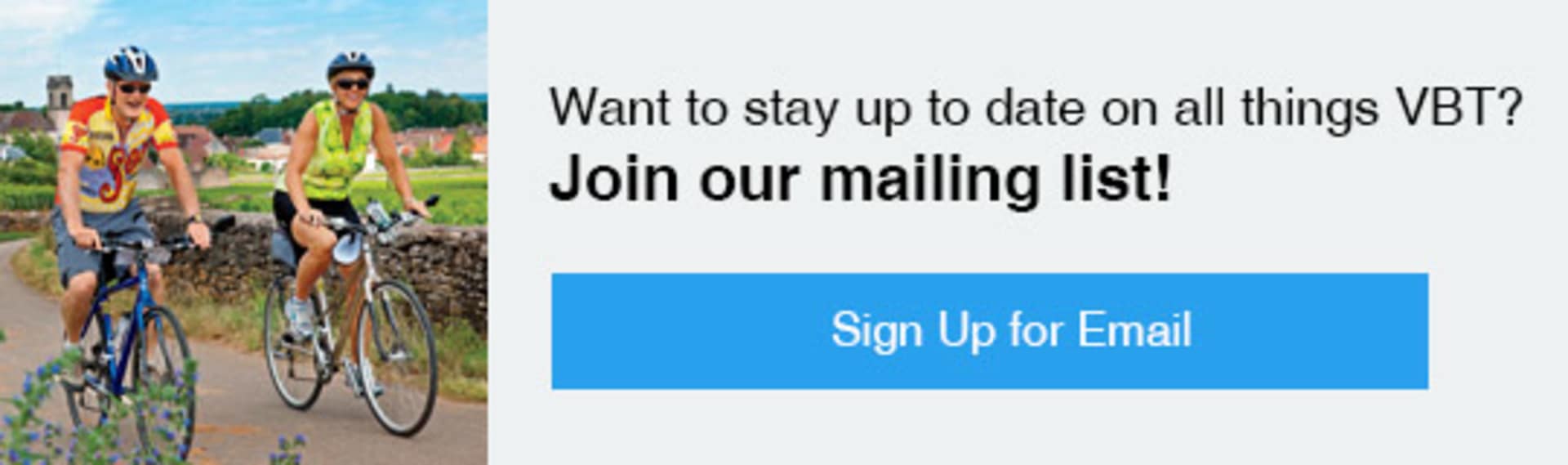 The image shows a person riding a bicycle on a dirt path surrounded by lush greenery, with a sign in the foreground inviting viewers to join the mailing list.