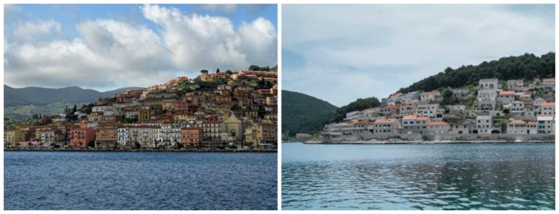 Colorful coastal towns nestled among the mountains, with calm waters reflecting the surrounding scenery.