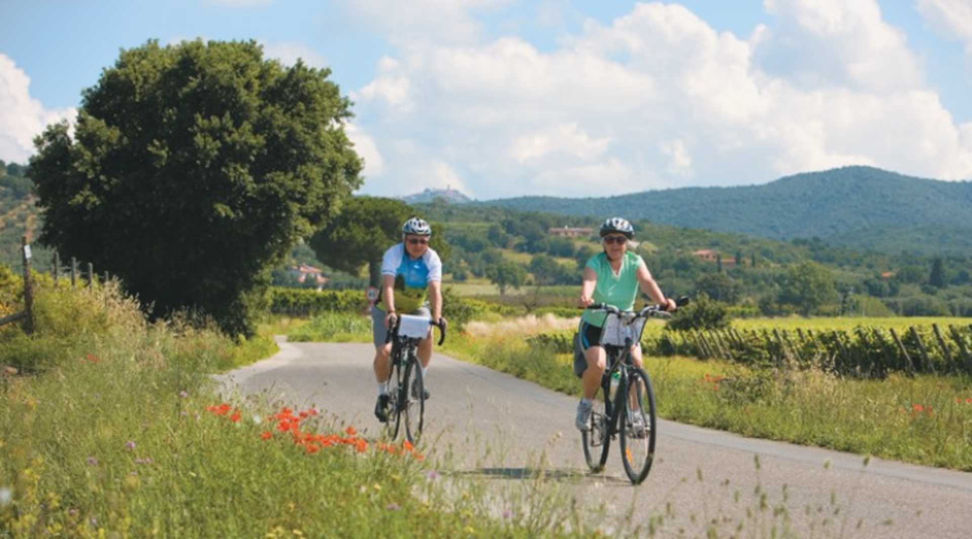 Two cyclists riding on a paved path surrounded by lush greenery, with mountains visible in the background.