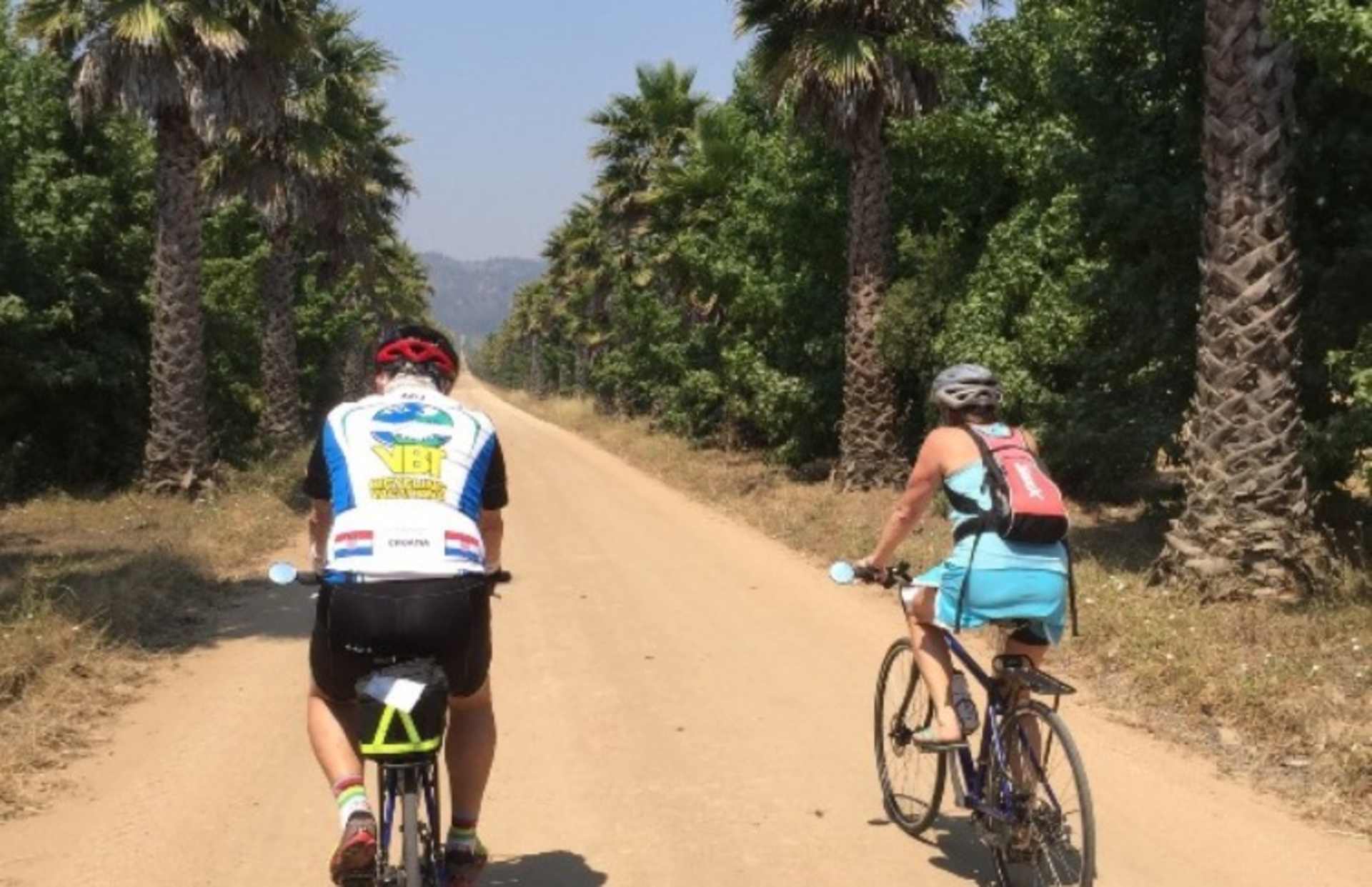 Two cyclists riding on a dirt path surrounded by palm trees in a scenic, rural setting.