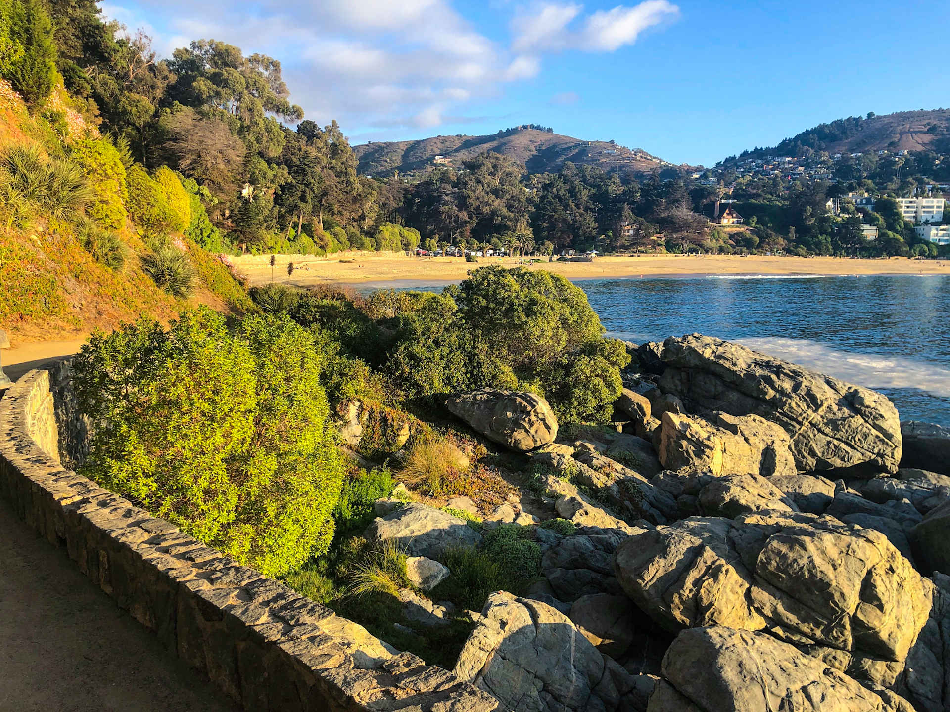 A scenic coastal landscape with a rocky foreground, lush vegetation, and a sandy beach in the background, set against a backdrop of rolling hills and a blue sky with fluffy clouds.