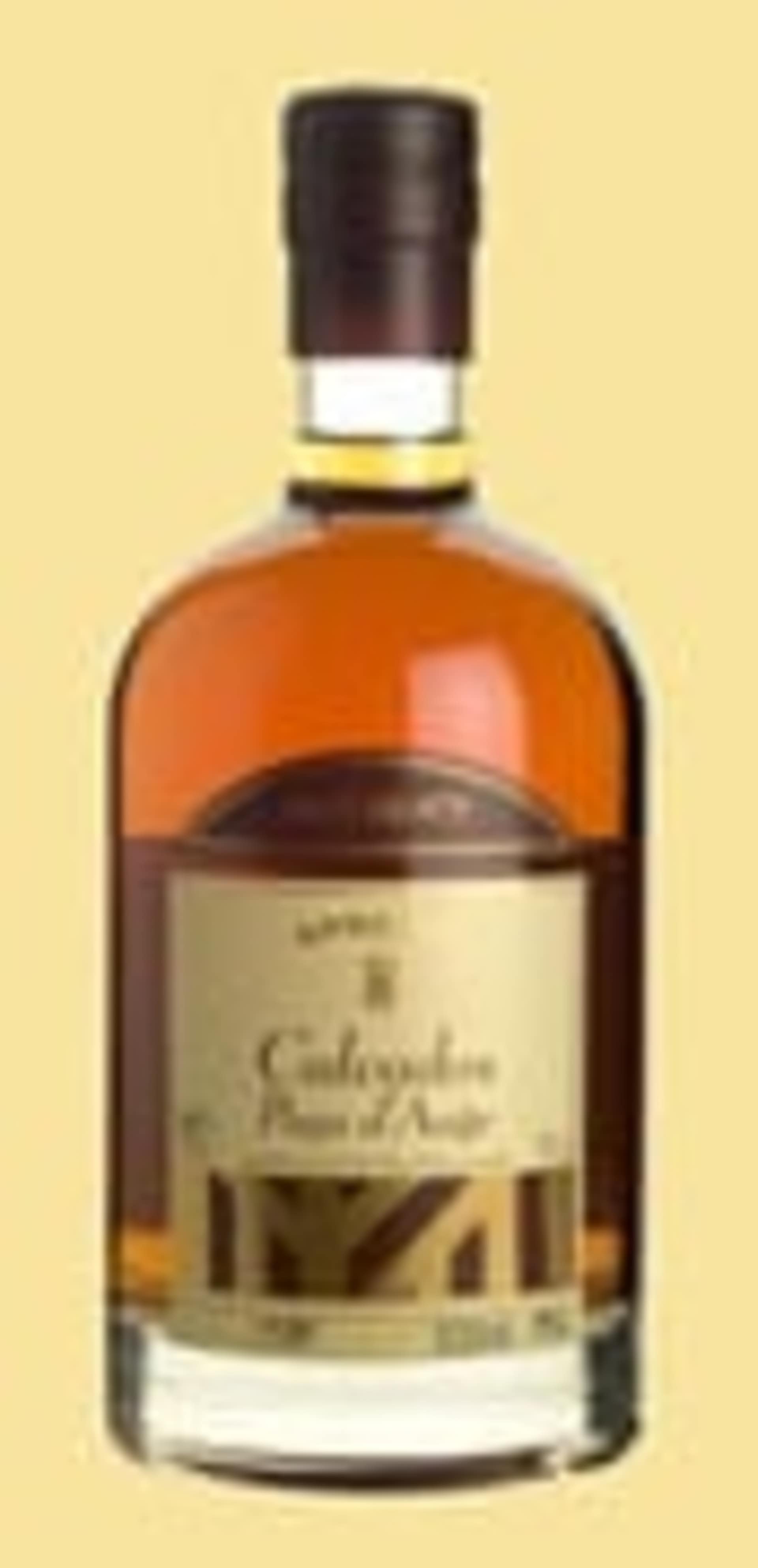 A glass bottle containing an amber-colored liquid, with a dark label and cap, set against a plain yellow background.